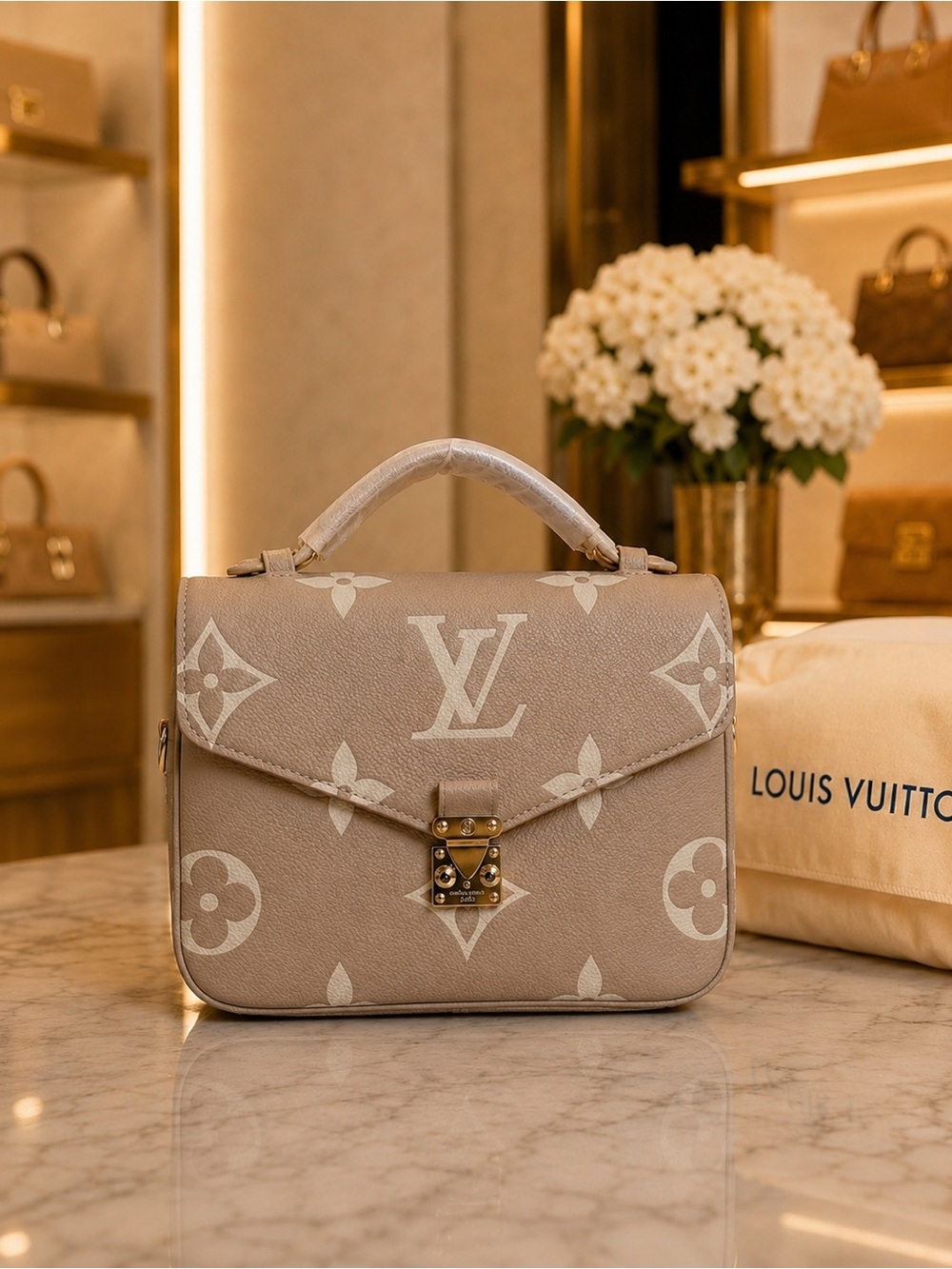 Beige & Cream Monogram Top Handle Handbag